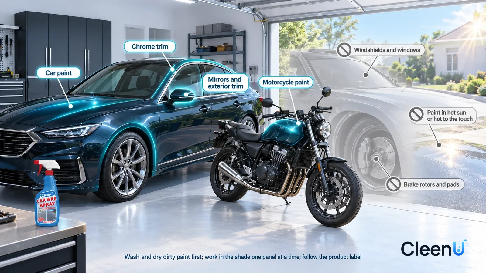 Illustration: CleenU Car Wax Spray — A realistic 3D cutaway of a bright home's garage connected to the driveway, one continuous space from one viewpoint, no bottle: the paint