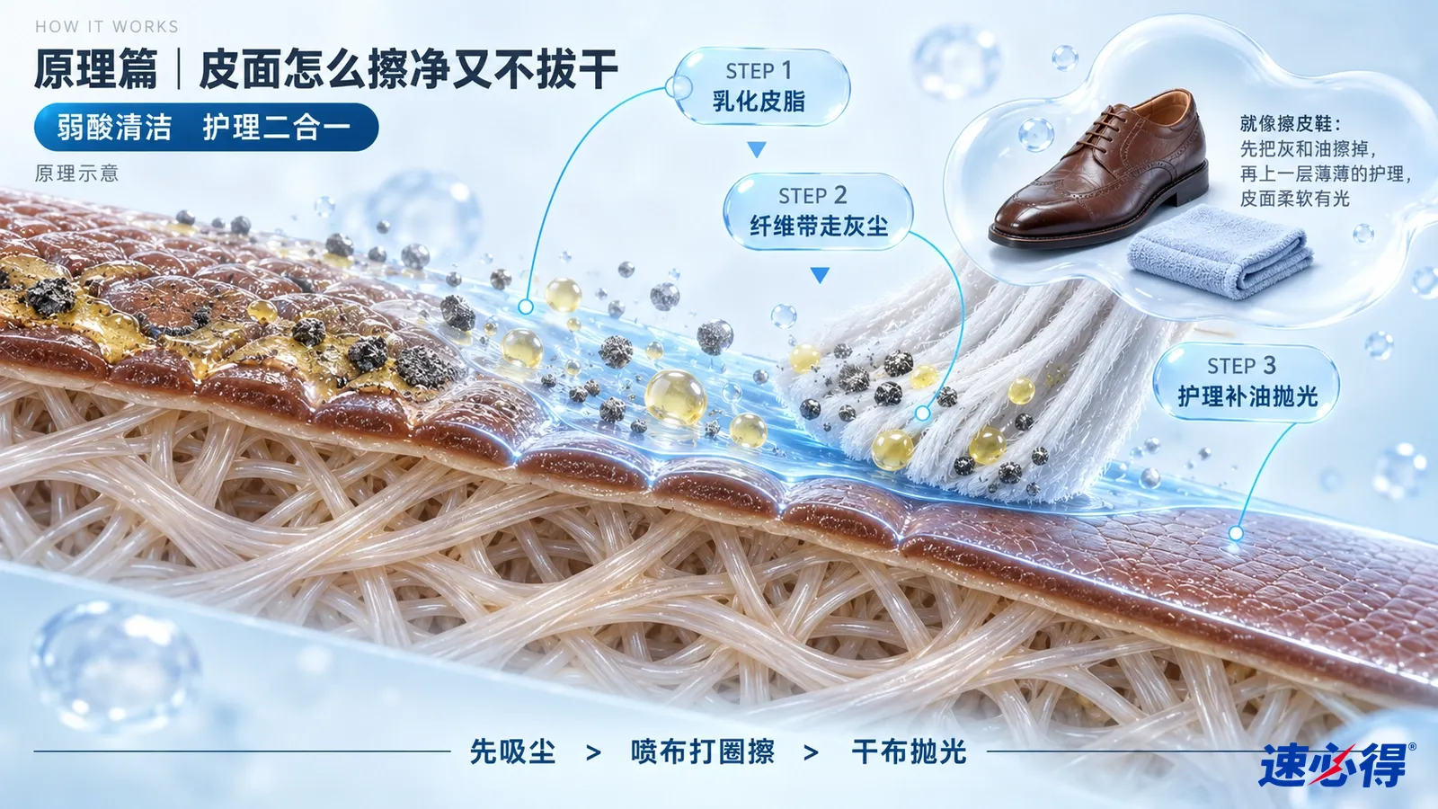示意图:皮革纤维与表面剖面、油污颗粒、液滴及清洁布。