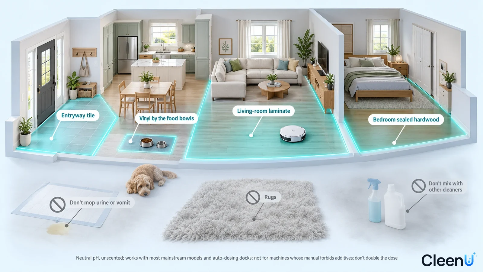 Illustration: Highlighted entry and living-area floors in a pet home beside equipment and material precautions.