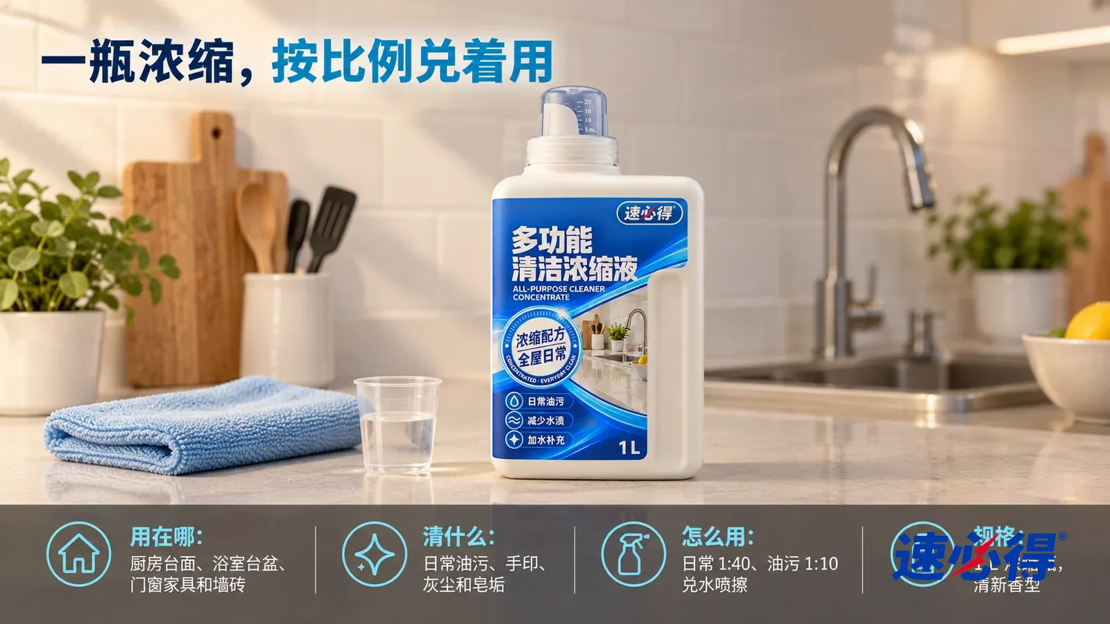 示意图：速必得多功能清洁浓缩液——保持同一厨房的白色石英石台面、白色釉面墙砖、浅蓝超细纤维布；只表现日常薄油膜，不变成重油垢