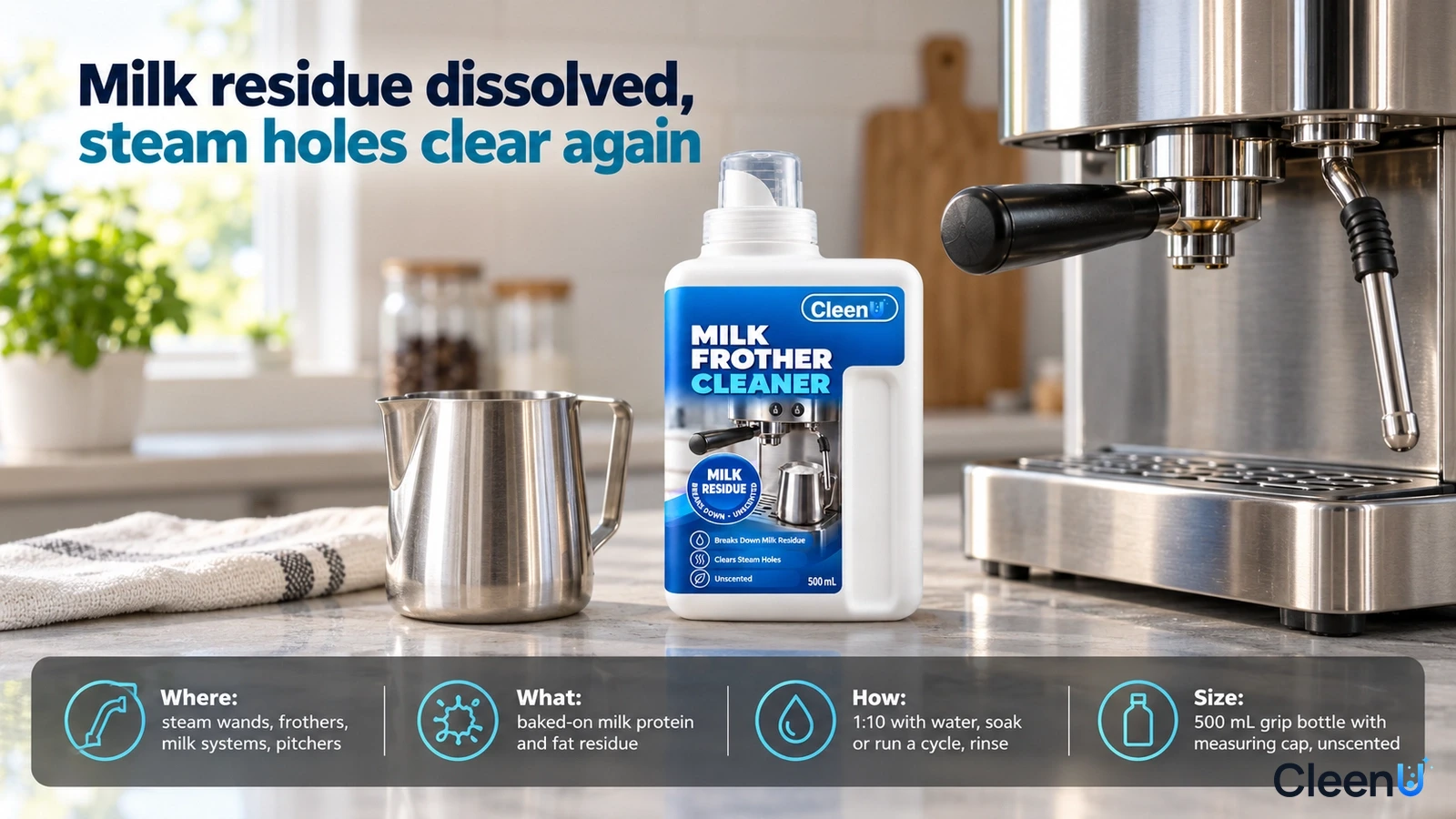 Illustration: A white cleaner bottle and stainless-steel milk pitcher beside a coffee machine.