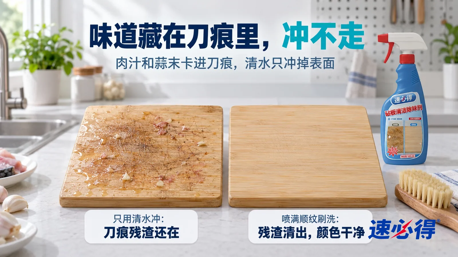 示意图：速必得砧板清洁除味剂——清洁实验室里一个小实验的横向中近景，白色测试台上并排放着两块同样的竹砧板样块，都带着一样的刀痕和淡黄褐色肉汁印，标题“味道藏在刀痕里，冲不走”