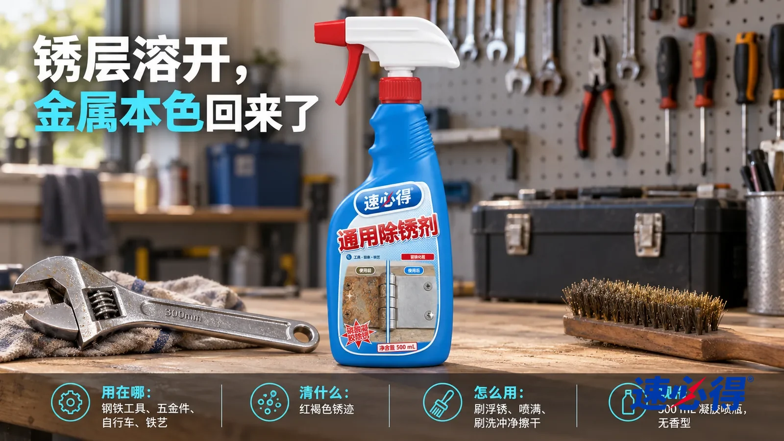 示意图：速必得通用除锈剂居中站在车库工作台上，旁边一把去过锈、泛着淡淡油光的扳手和一把钢丝刷，身后洞洞板上整齐的工具向画面深处柔和虚化