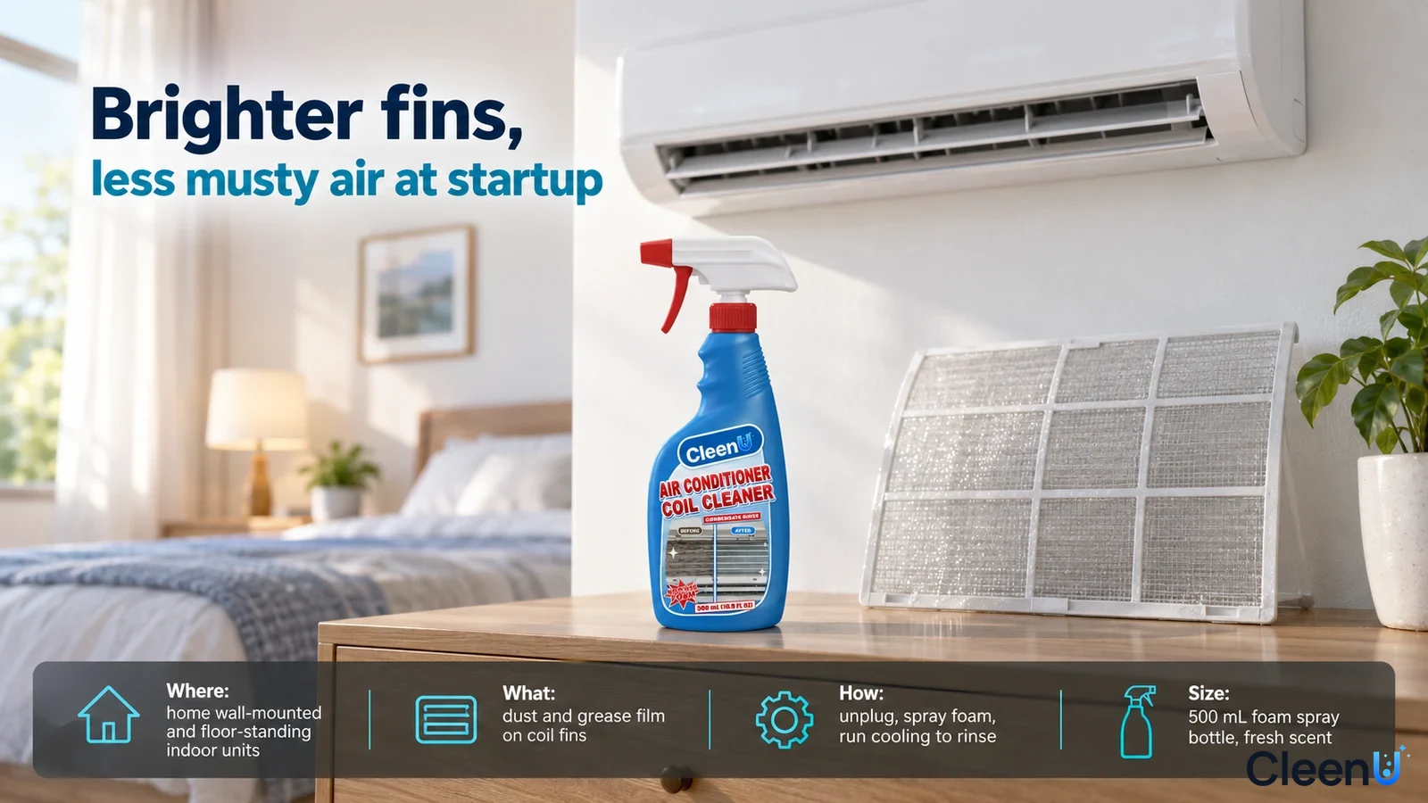 Illustration: A blue bottle and air-conditioner filters on a wooden cabinet below a wall unit.