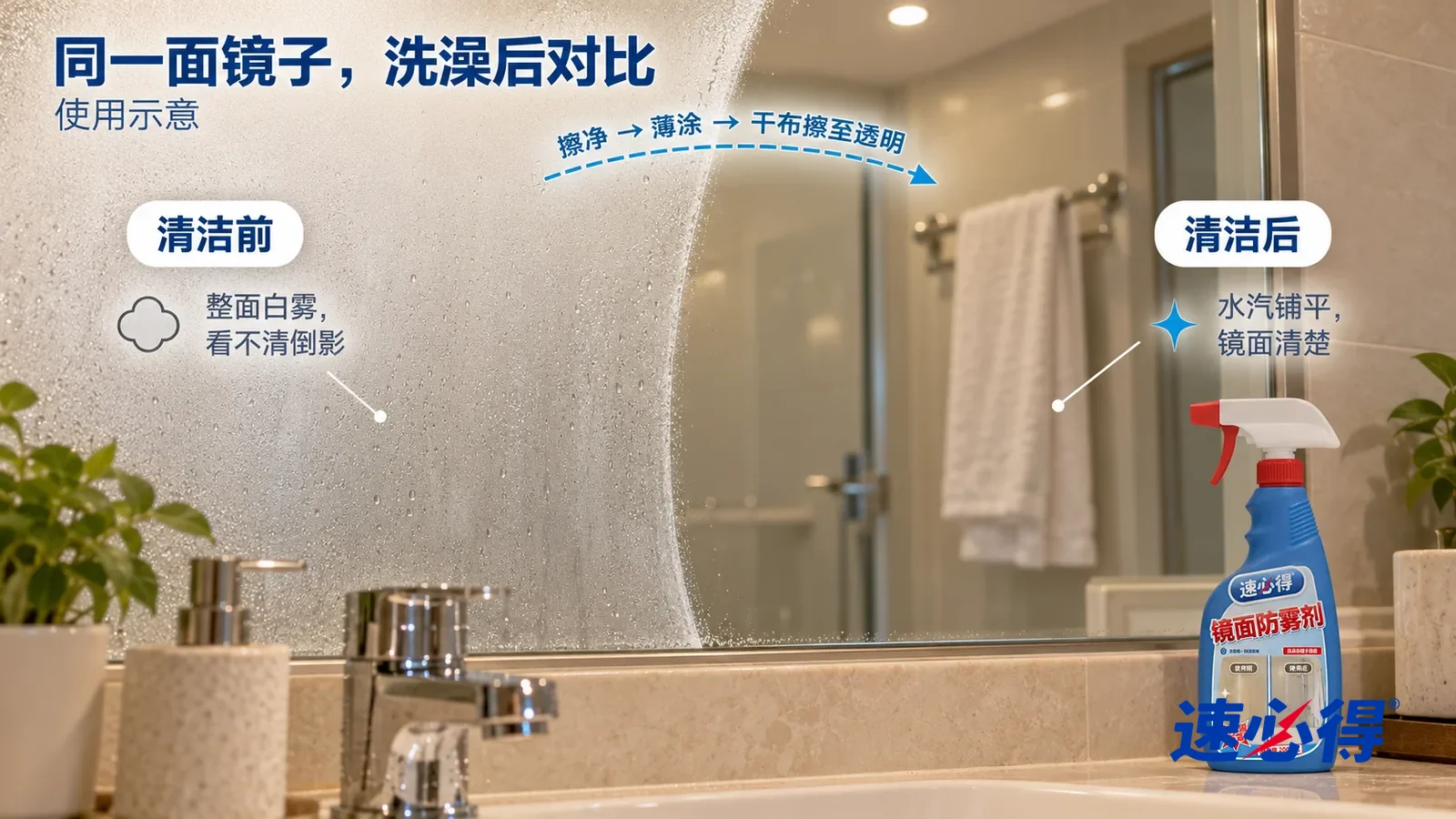 示意图：速必得镜面防雾剂——整屏一面浴室镜的平视大近景，刚洗完热水澡，同一顶灯，不出现人：没处理的一半镜面蒙着一层白雾，看不清倒影；处理过的一半镜面清透