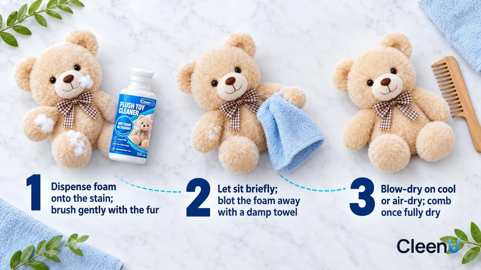 Illustration: CleenU Plush Toy Cleaner — an overhead shot straight down onto a light marble tabletop, no hands: (1) a light beige plush bear lying on its side
