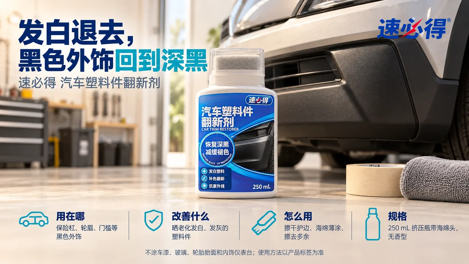 示意图：速必得汽车塑料件翻新剂盖好防尘盖居中直立站在车库工作台上，旁边一卷美纹纸，身后一辆没有任何车标和车牌的浅色家用车车头一角，黑色保险杠下沿深黑整齐，标题“发白退去，黑色外饰回到深黑”