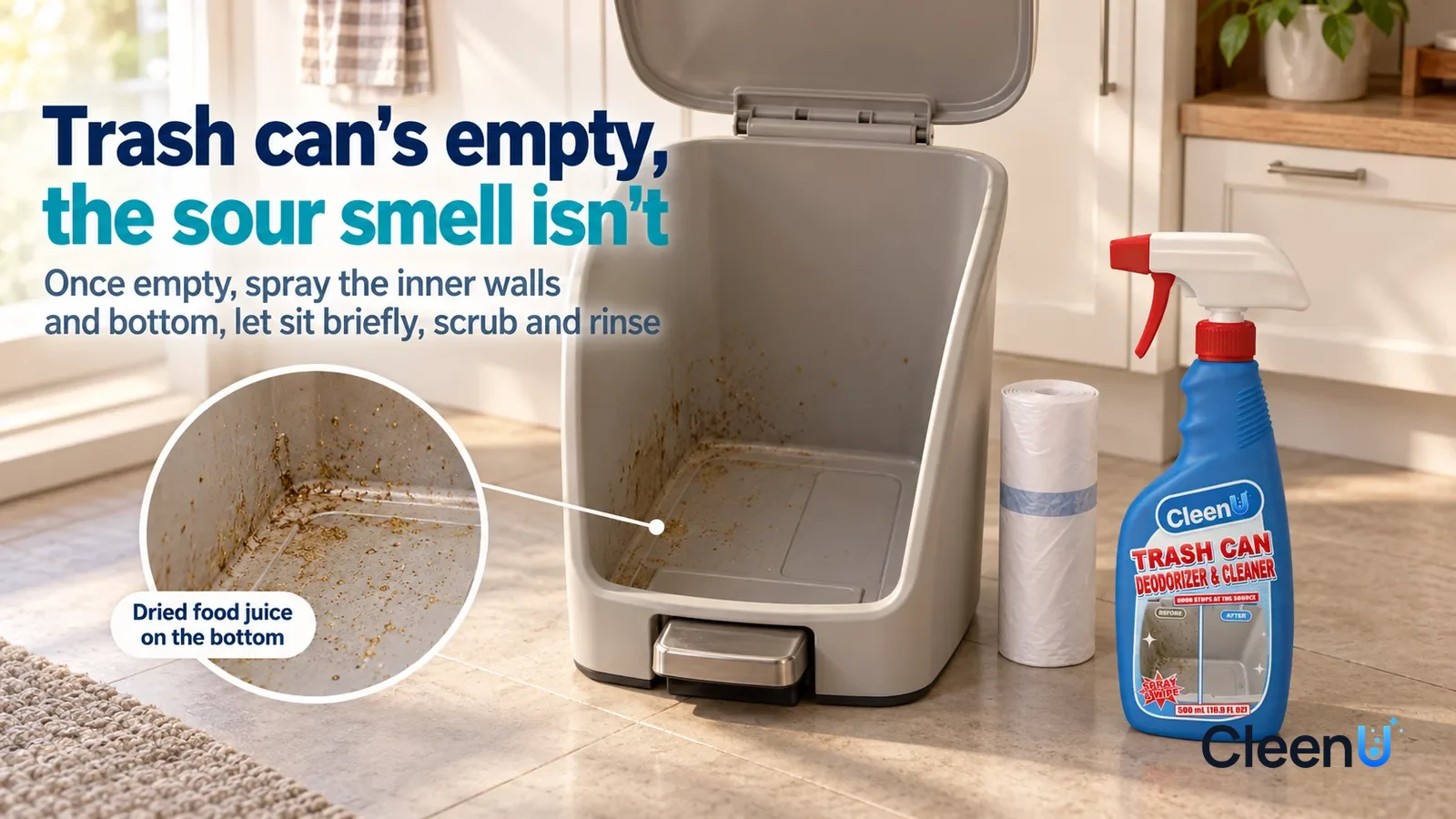Illustration: CleenU Trash Can Deodorizer & Cleaner — An everyday kitchen, afternoon side light slanting in through the window; a pale grey step-on trash can with its lid open Headline: "Trash can's e