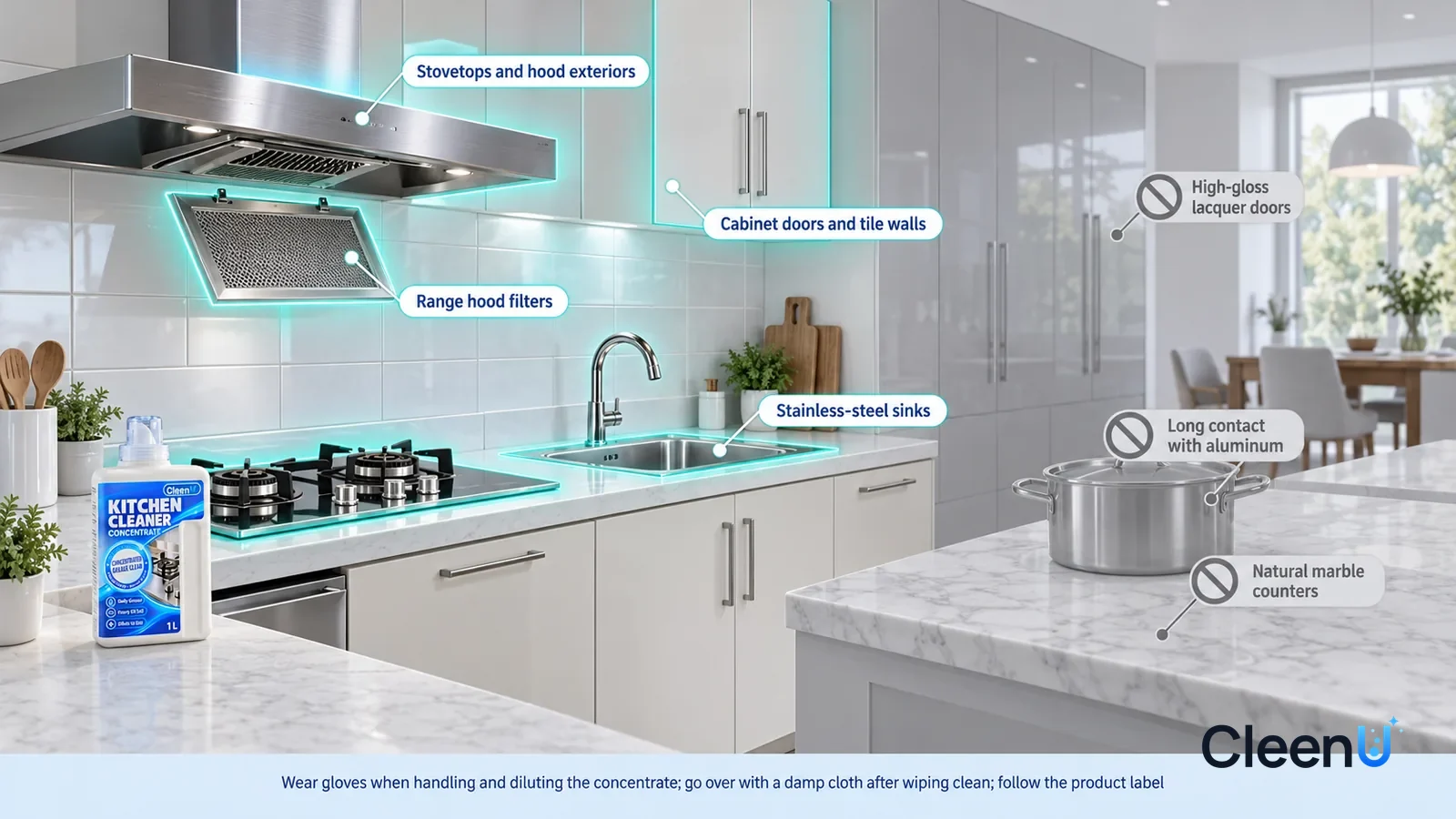 Illustration: CleenU Kitchen Cleaner Concentrate — A realistic 3D cutaway of a bright home's kitchen and dining room, one continuous space from one viewpoint: the stovetop and range hood exte