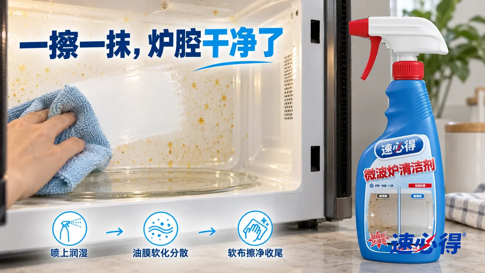 示意图：速必得微波炉清洁剂——一块浅蓝软布刚擦过一道，擦过的地方洁白干净，旁边还残留几点黄色油点