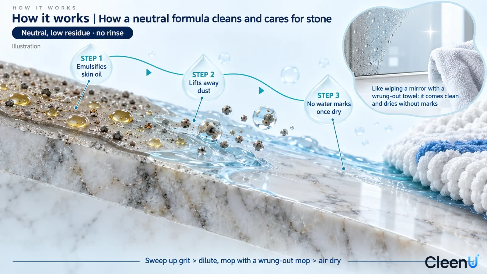 Illustration: A stone surface cross-section with particles, drops and mop fibers.