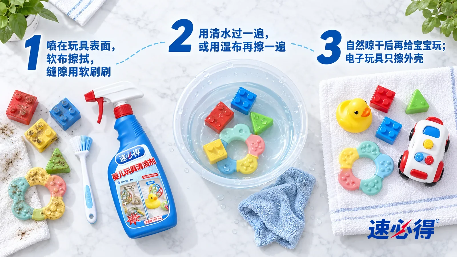 示意图：速必得婴儿玩具清洁剂——① 几块表面发乌的彩色塑料积木、一只硅胶牙胶环、一块白色软布和一把小软刷；② 一只盛着清水的浅盆，旁边几块刚过完清水