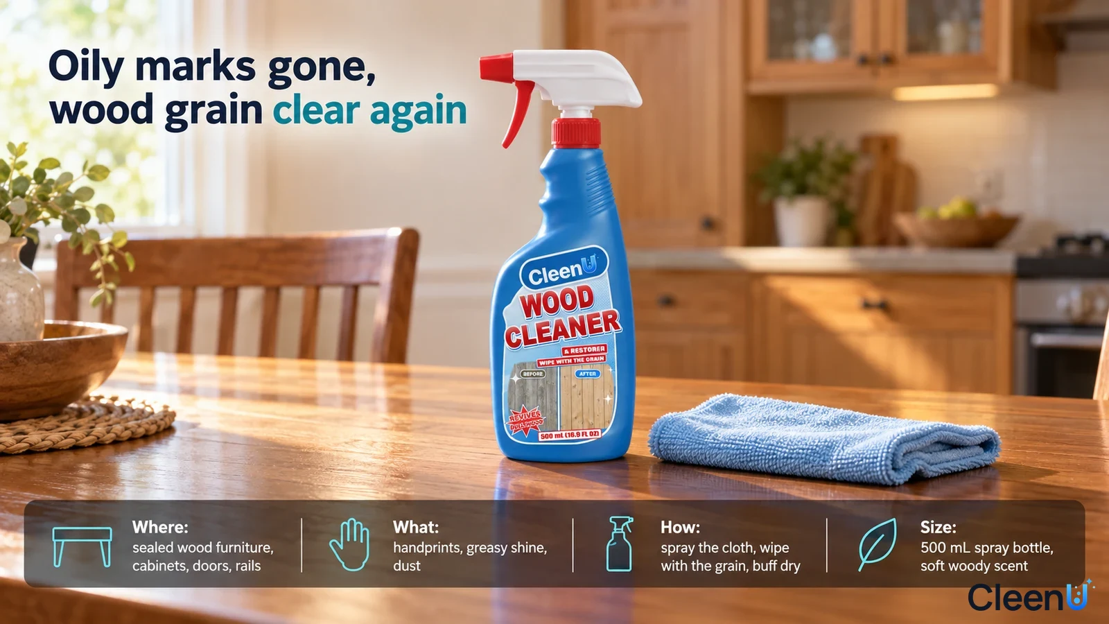 Illustration: A blue bottle and blue cloth on a wooden dining table with wooden cabinets behind.
