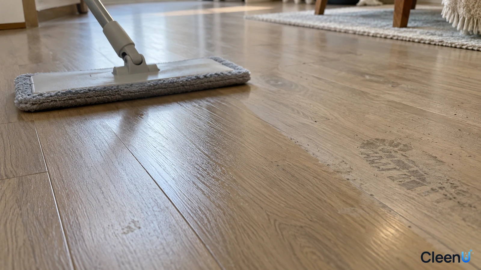 Illustration: Close-up of a flat mop passing over gray footprints on a wood-look floor.