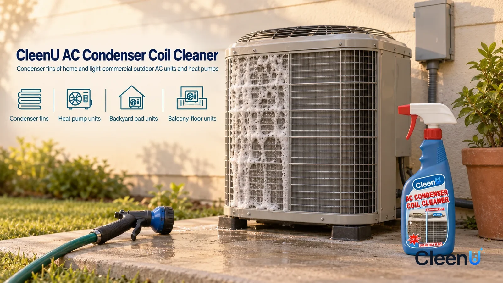 Illustration: CleenU AC Condenser Coil Cleaner — keep one outdoor condenser on a backyard concrete pad, fan stationary and reachable from ground level