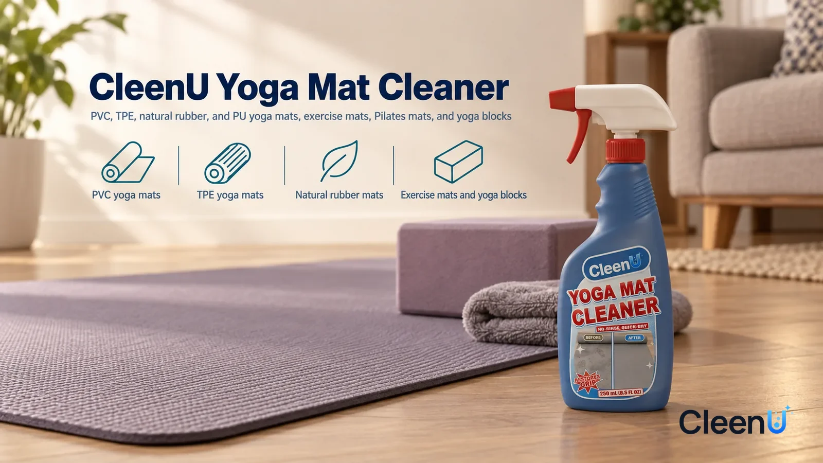 Illustration: CleenU Yoga Mat Cleaner — A bright, clean living-room practice area, a grey-purple yoga mat laid flat on the wood floor, its surface an even matte