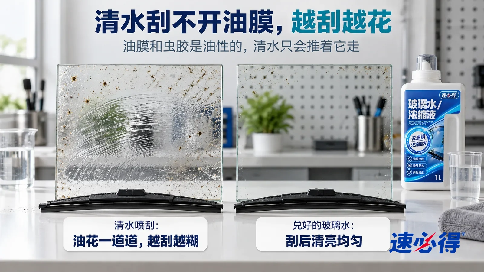 示意图：速必得玻璃水（浓缩液/泡腾片）——都带着一样的干虫尸残迹和油膜，每块前面放着一截雨刮片，标题“清水刮不开油膜，越刮越花”