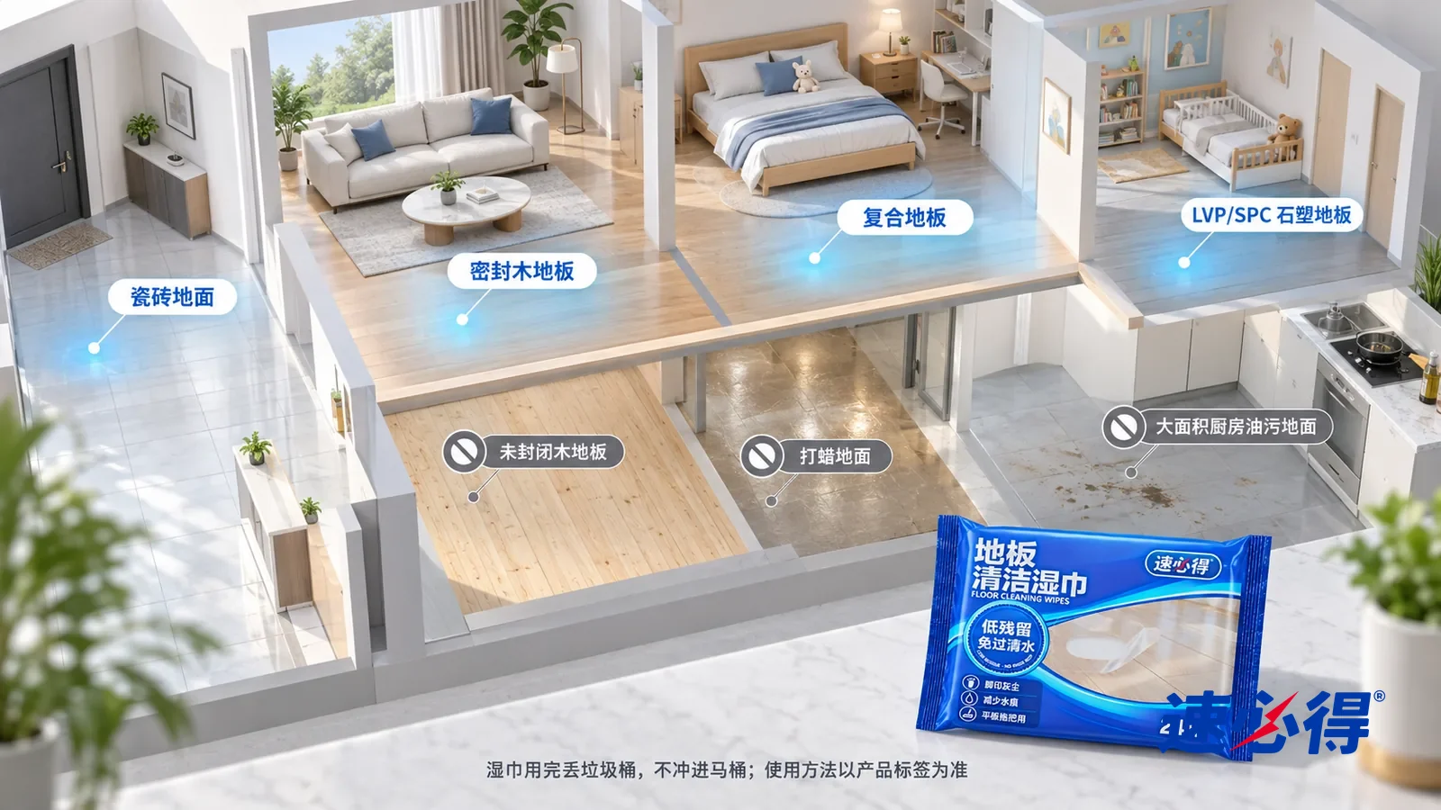 示意图:速必得地板清洁湿巾——一张写实 3D 剖面实景图,一套明亮的家的玄关、客厅、卧室和儿童房,连续空间、一个视角:瓷砖地面、上过漆的实木地板、复合地板