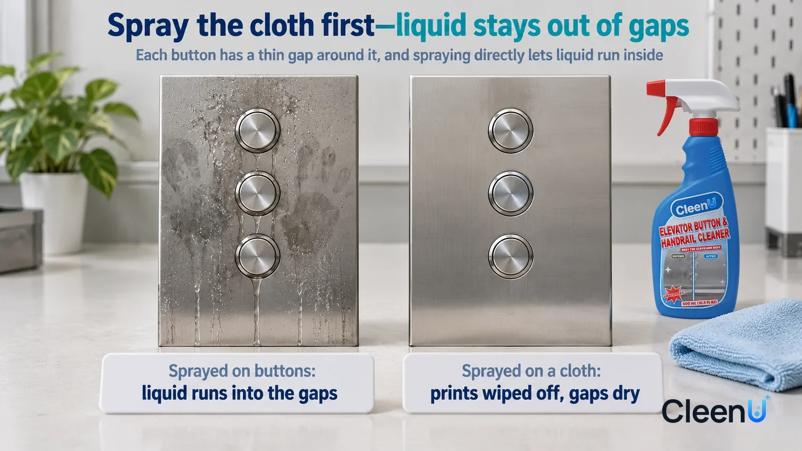 Illustration: CleenU Elevator Button & Handrail Cleaner — A landscape medium close-up of a small experiment in a cleaning lab: two identical stainless-steel button-panel samples stand side by side o H