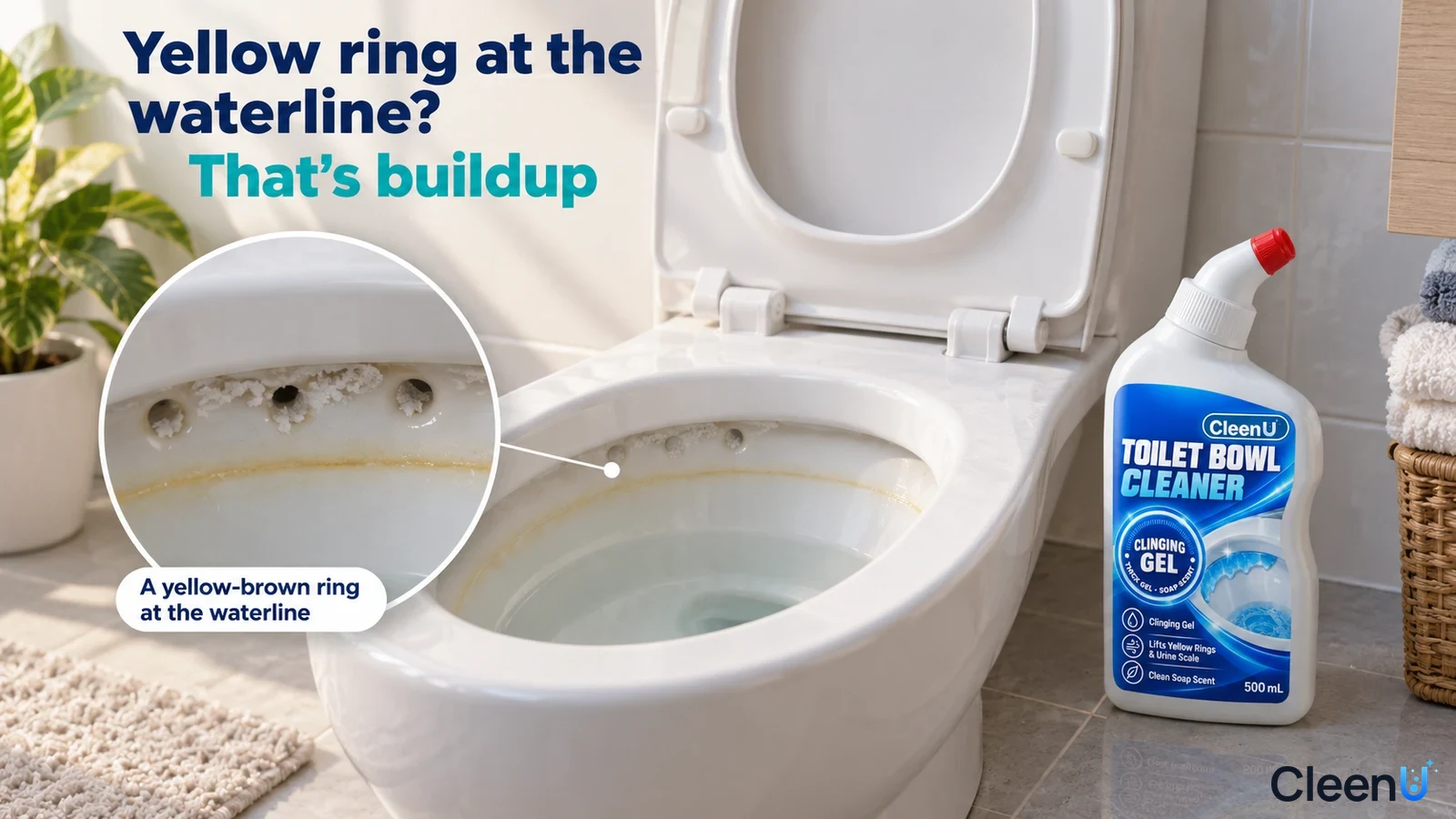 Illustration: Yellow buildup at a white toilet bowl waterline and marks around rim holes beside a white angled-neck bottle.