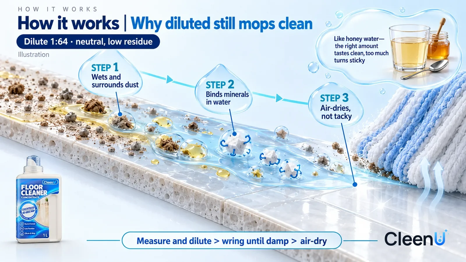 Illustration: CleenU Floor Cleaner Concentrate — an enormously magnified slice of tile glaze runs diagonally from upper left to lower right; on the left dust particles