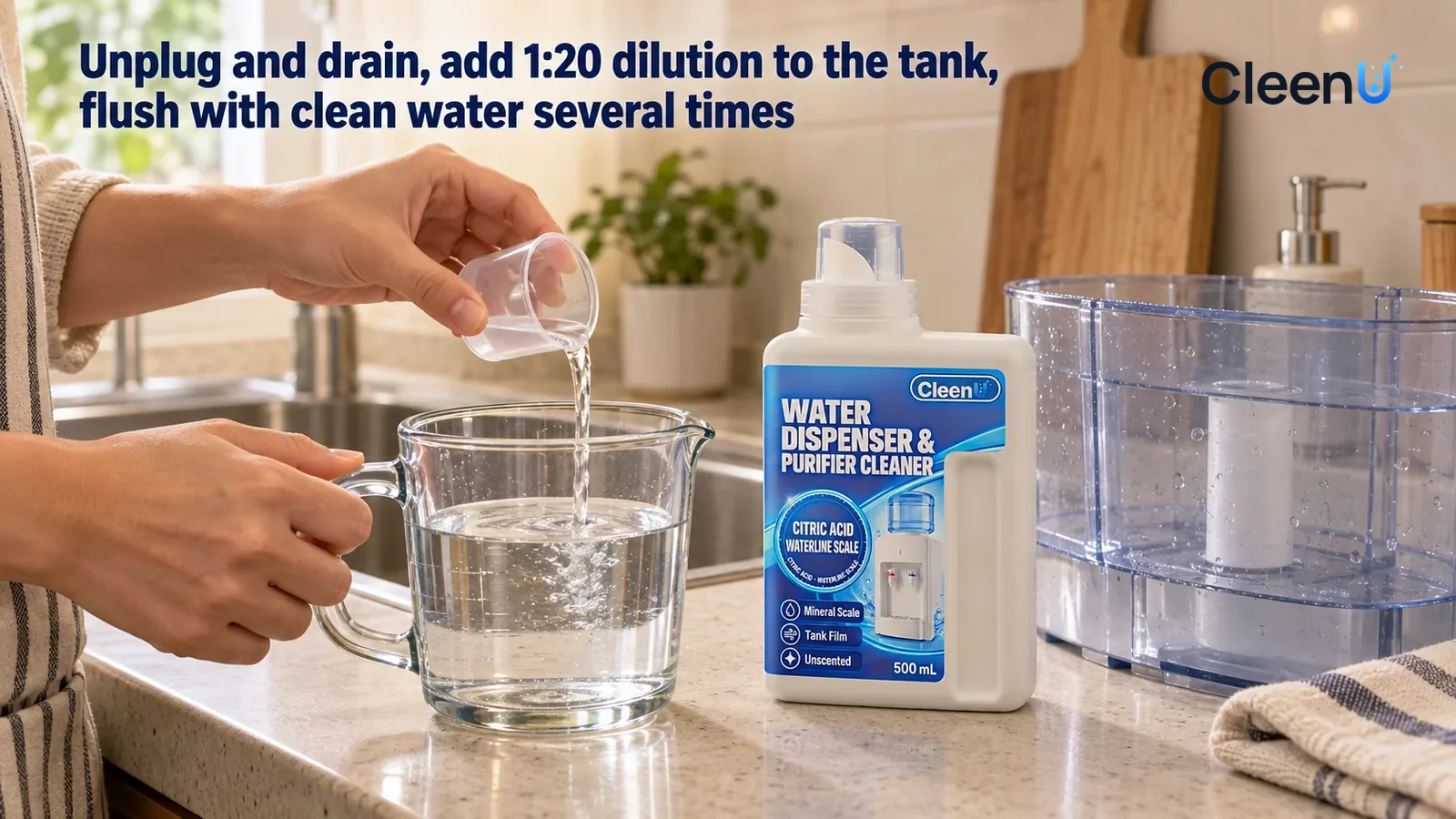 Illustration: CleenU Water Dispenser & Purifier Cleaner — one hand holds a separate small clear measuring cup (no printed numbers) and pours a little concentrate into a glass measuring jug of clean