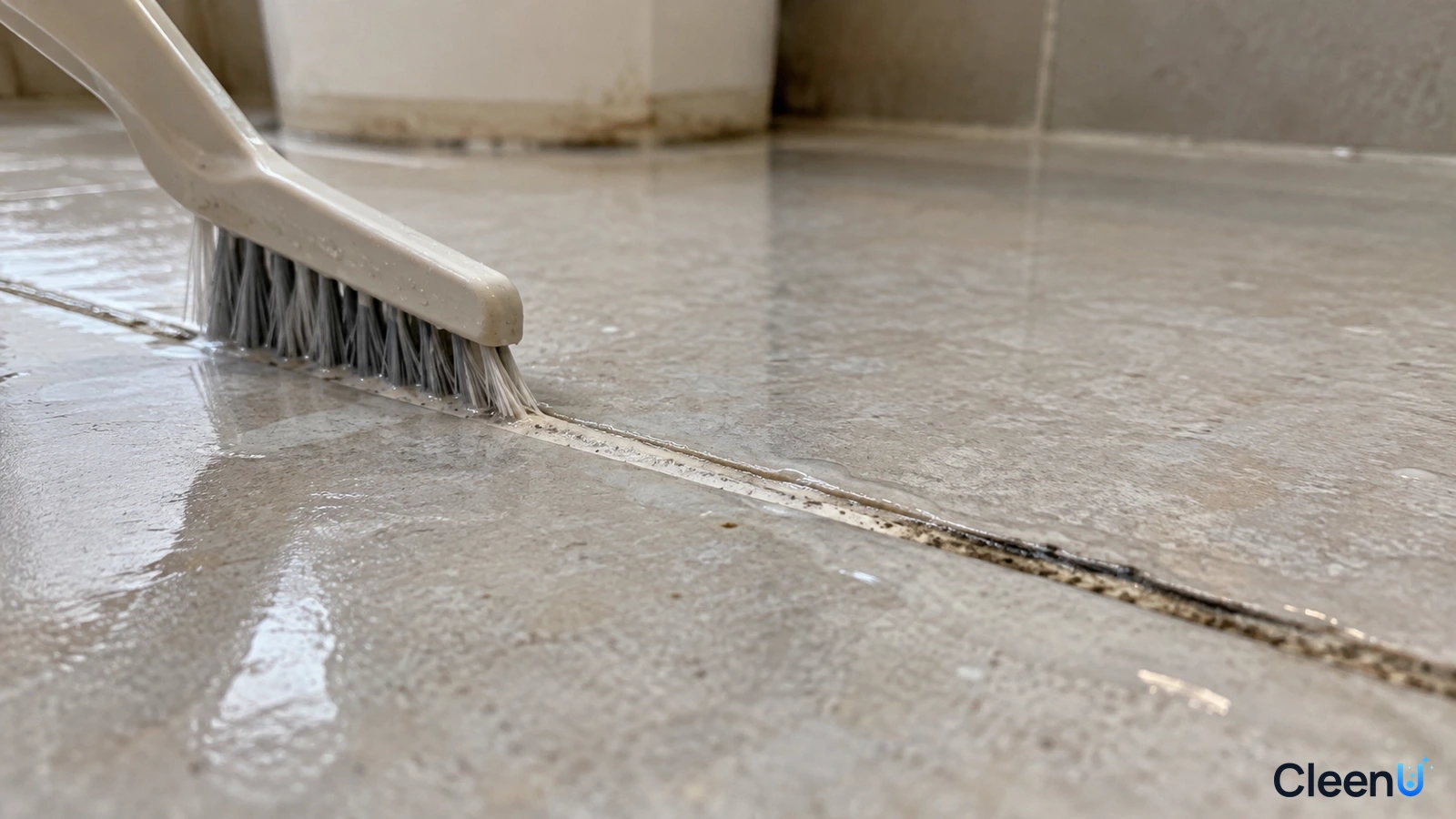 Illustration: Close-up of a small brush scrubbing a wet floor-tile grout line.