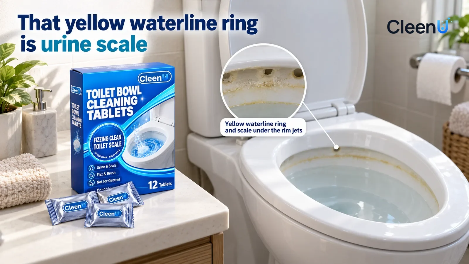Illustration: CleenU Toilet Bowl Cleaning Tablets — A clean, bright everyday bathroom, a white ceramic toilet with seat and lid raised, tank lid closed