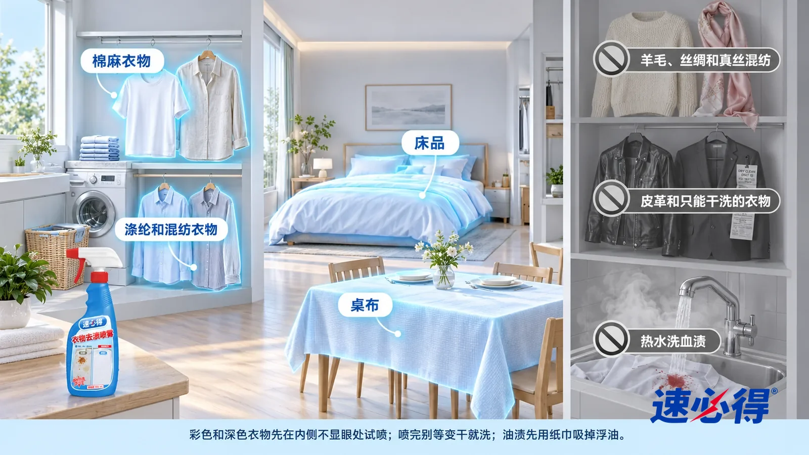 示意图:速必得衣物去渍喷雾——一张写实 3D 剖面实景图,一套明亮的家的洗衣间、卧室和餐厅区域,连续空间、一个视角,不出现瓶子:棉 T 恤和麻衬衫、涤纶和混纺衬衫