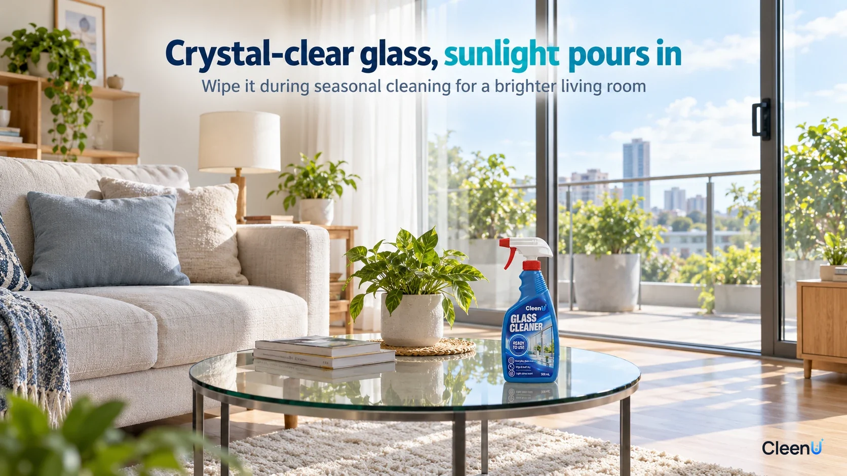 Bright living-room illustration with glass sliding doors, a glass table and the product.