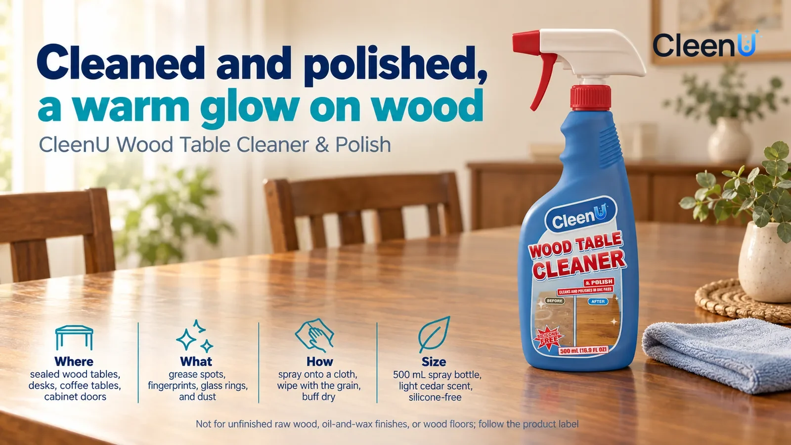 Illustration: CleenU Wood Table Cleaner & Polish stands in the right third of the frame on a sealed solid-wood dining table, a folded soft cloth beside it Headline: "Cleaned and polished, a warm glow