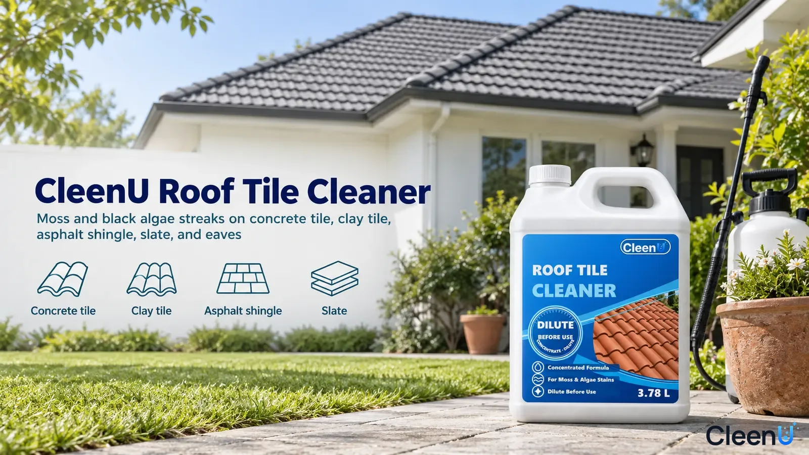 Illustration: A white cleaner jug in front of a tiled-roof house with use icons.