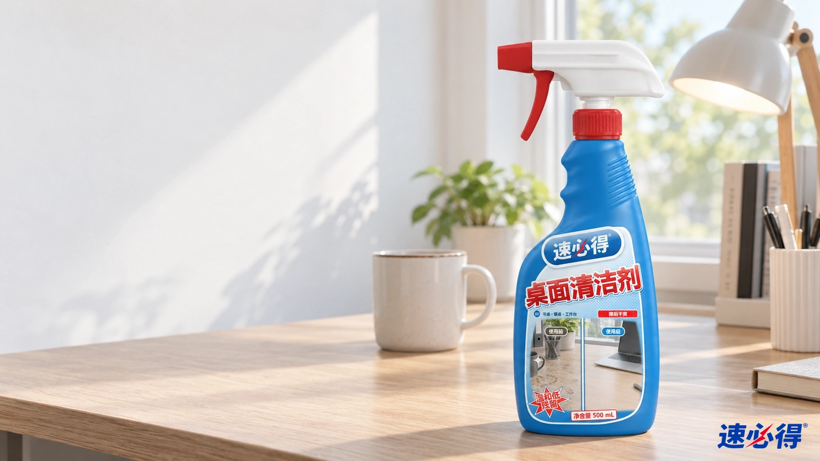 示意图：蓝色喷瓶置于有阳光照射的木质书桌上。