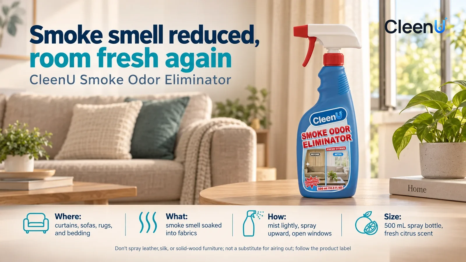 Illustration: CleenU Smoke Odor Eliminator stands in the right third of the frame on the living-room side table, a small potted plant beside it, open beige curtains Headline: "Smoke smell reduced, roo