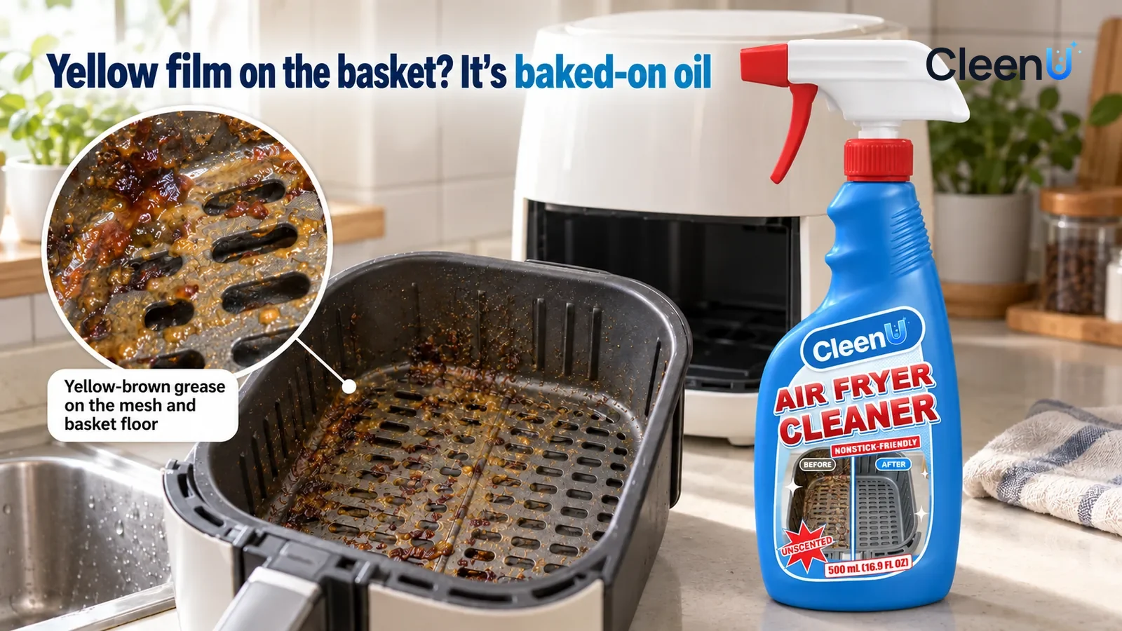 Illustration: CleenU Air Fryer Cleaner — An everyday kitchen counter, an unbranded white air fryer unplugged with its cord tucked aside