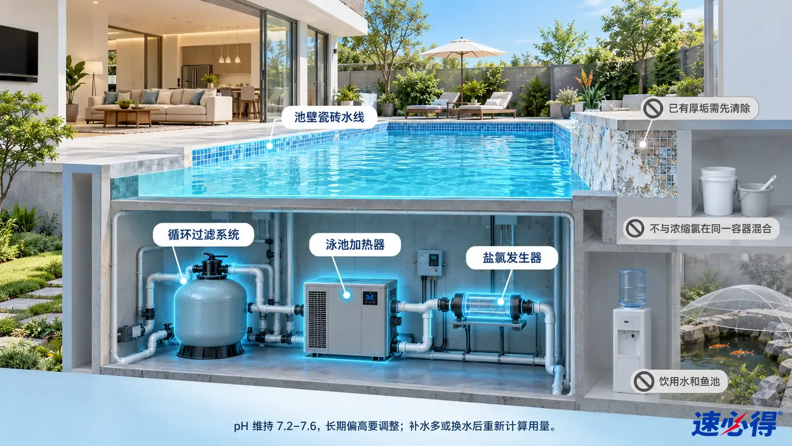 示意图:泳池水位线及循环过滤设备被突出显示,旁列水质和设备注意事项。