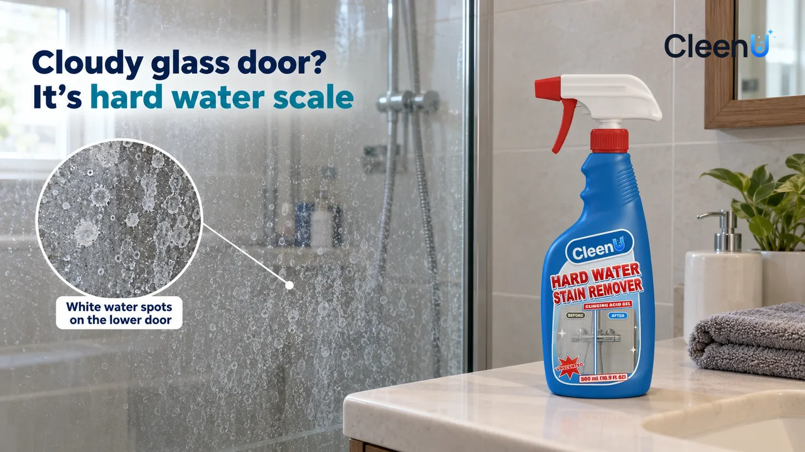 Illustration: CleenU Hard Water Stain Remover — An everyday bathroom, a clear glass shower door (no brand marks) closed; in raking side light the dense white water spots and cloudy film of