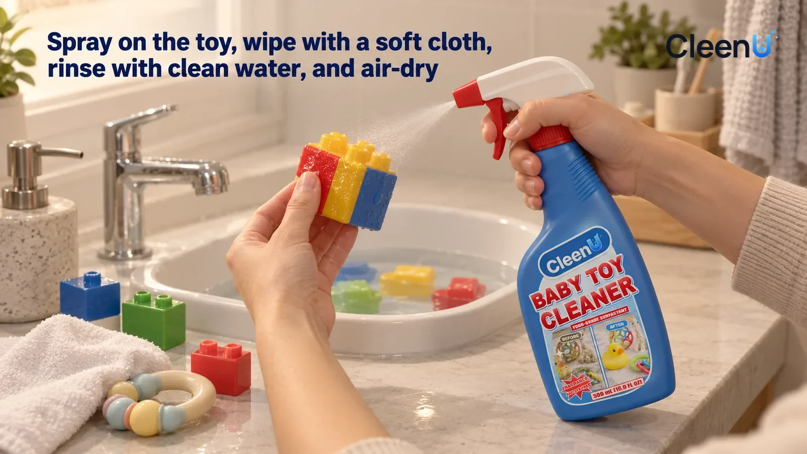 Illustration: CleenU Baby Toy Cleaner — one hand holds our bottle and sprays up close onto a colorful plastic block (no brand marks) held in the other hand