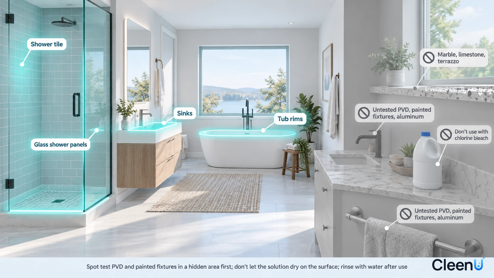 Bathroom illustration highlighting shower glass and vanity areas beside surface precaution icons.