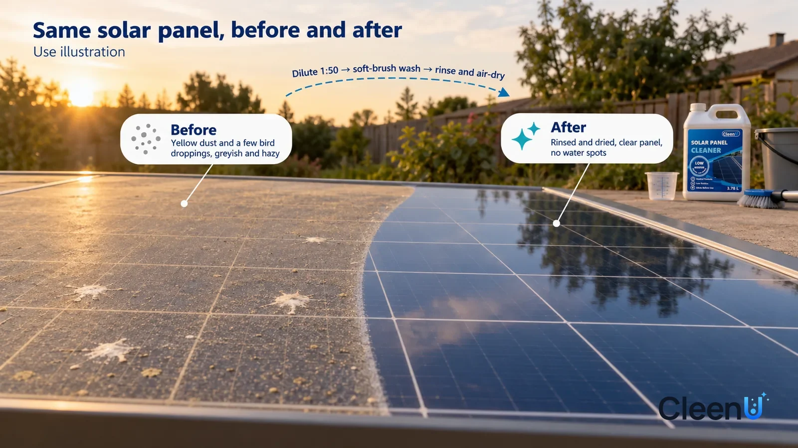 Illustration: CleenU Solar Panel Cleaner — no soil residue or faint marks, preserving the material’s natural finish