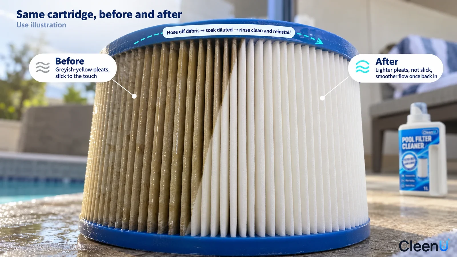 Illustration: Yellow-marked and lighter pleats on one pool-filter cartridge; not a measured cleaning test.
