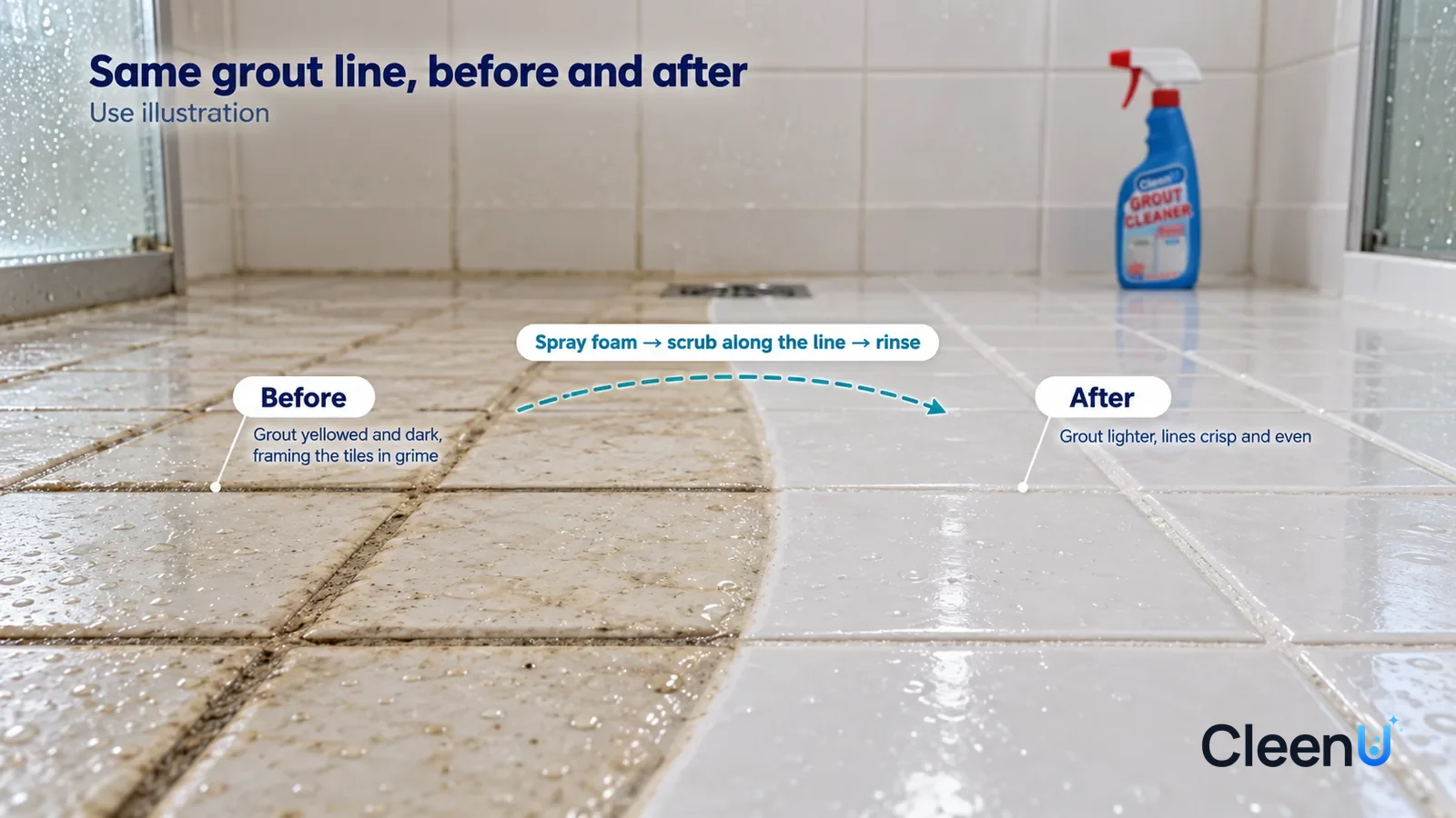 Illustration: CleenU Grout Cleaner & Restorer — A full-screen low-angle close-up of white shower floor tiles in the same raking light