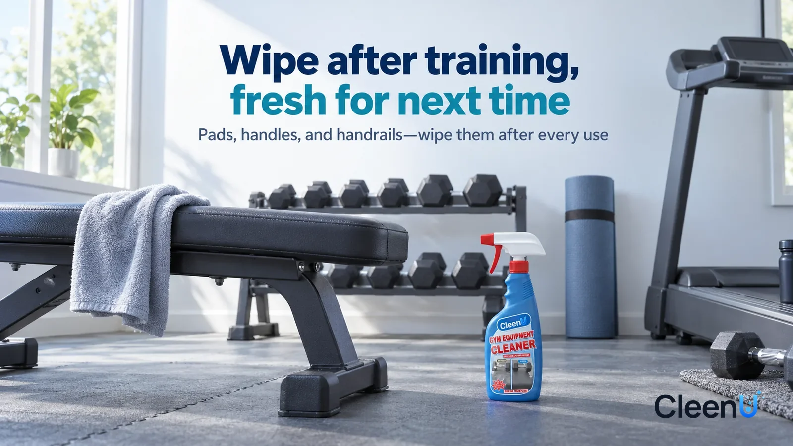 Illustration: CleenU Gym Equipment Cleaner — A bright early-morning home gym corner, a clean weight bench, a row of dumbbells neatly on a rack, a rolled-up yoga mat, and a treadmill Headline: "Wipe af