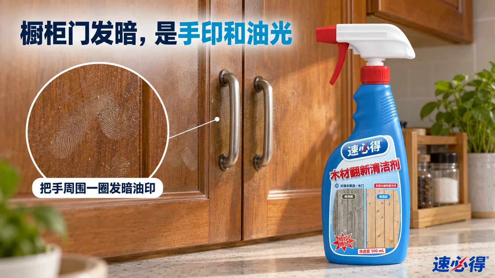 示意图：木橱柜门把手周围的手印和油光，台面上有蓝色喷瓶。