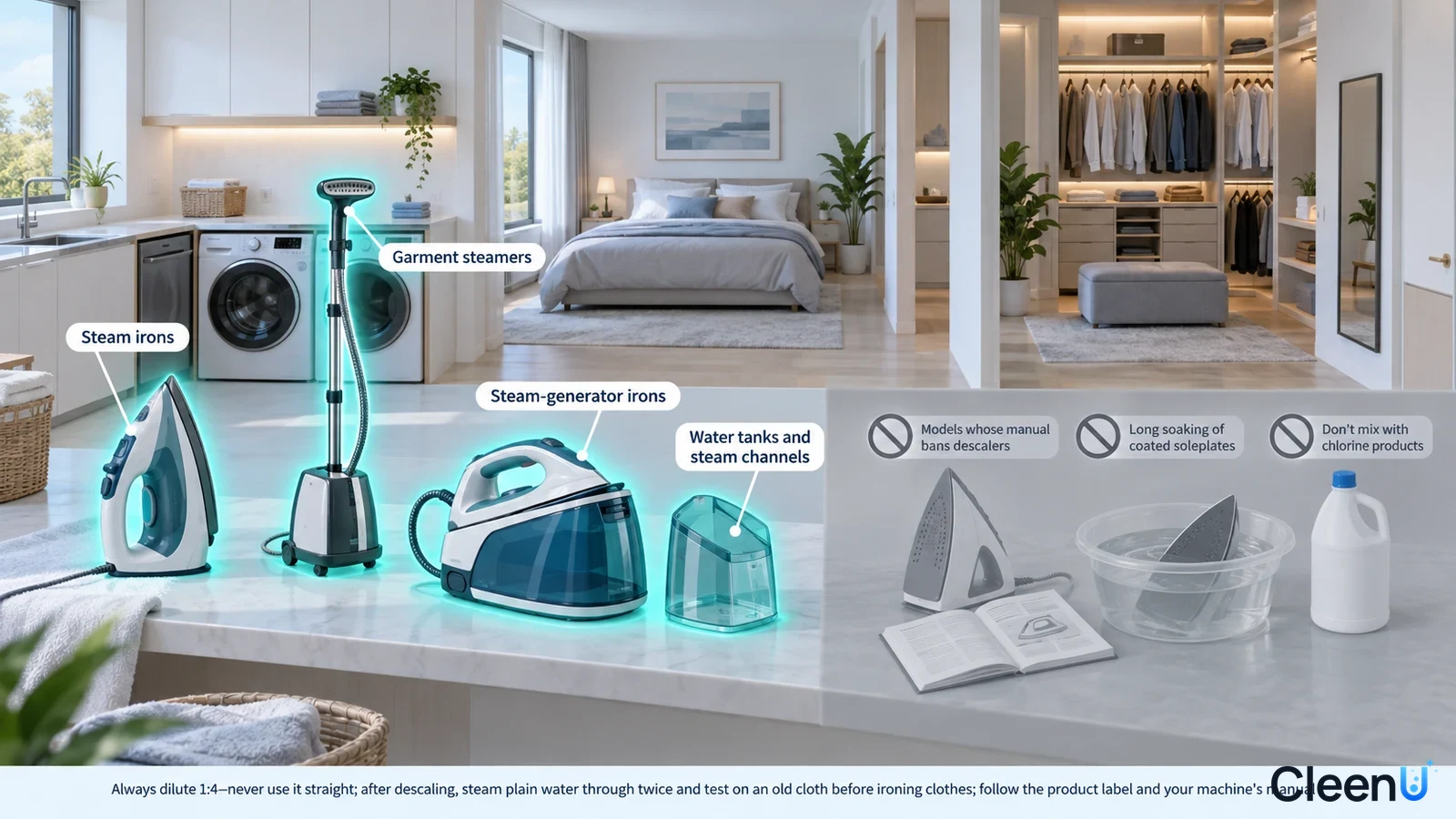 Illustration: Highlighted irons, garment steamer and steam equipment beside appliance precautions.