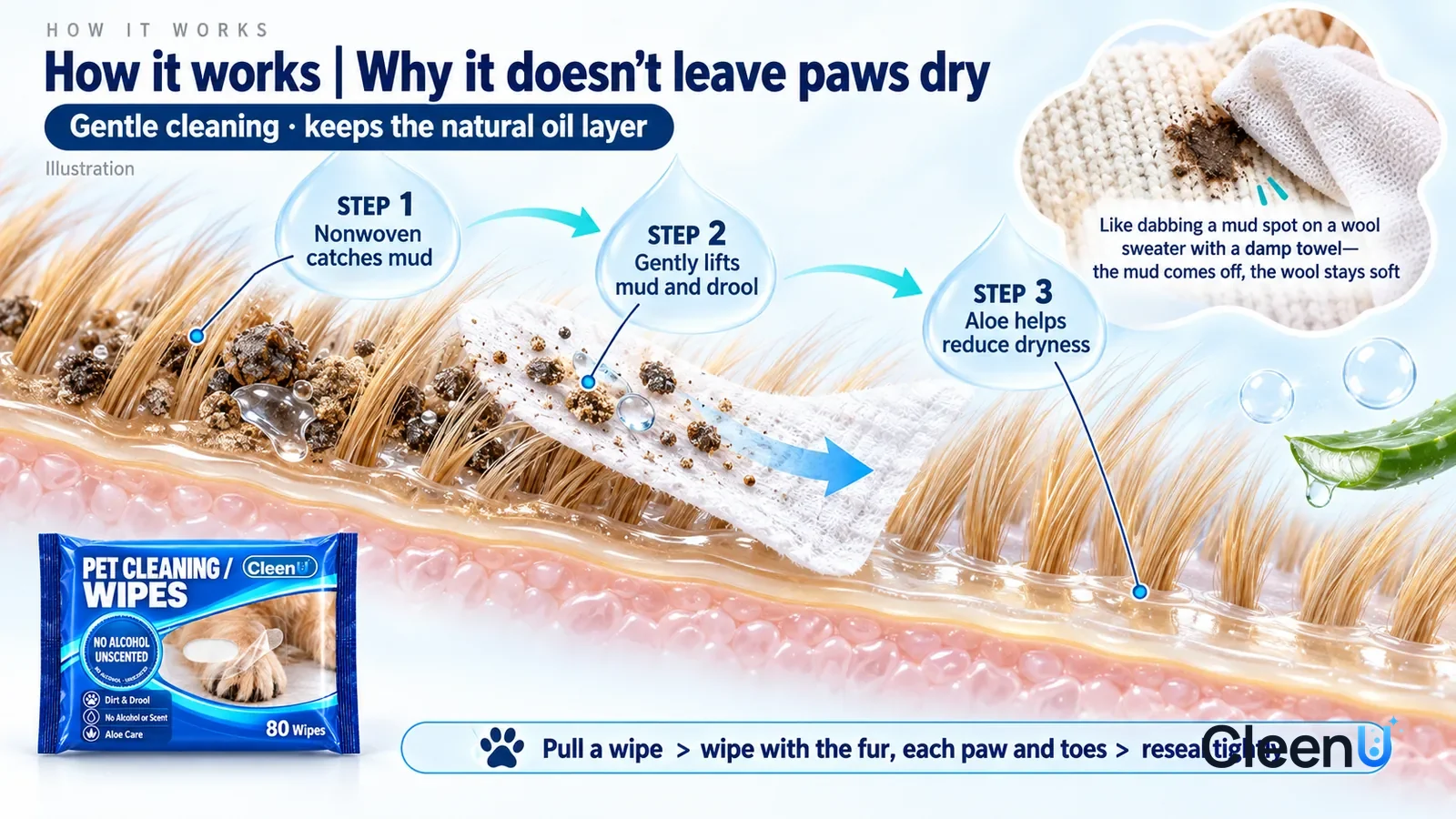 Illustration: CleenU Pet Cleaning Wipes — an enormously magnified slice of pet skin and fur runs diagonally from upper left to lower right