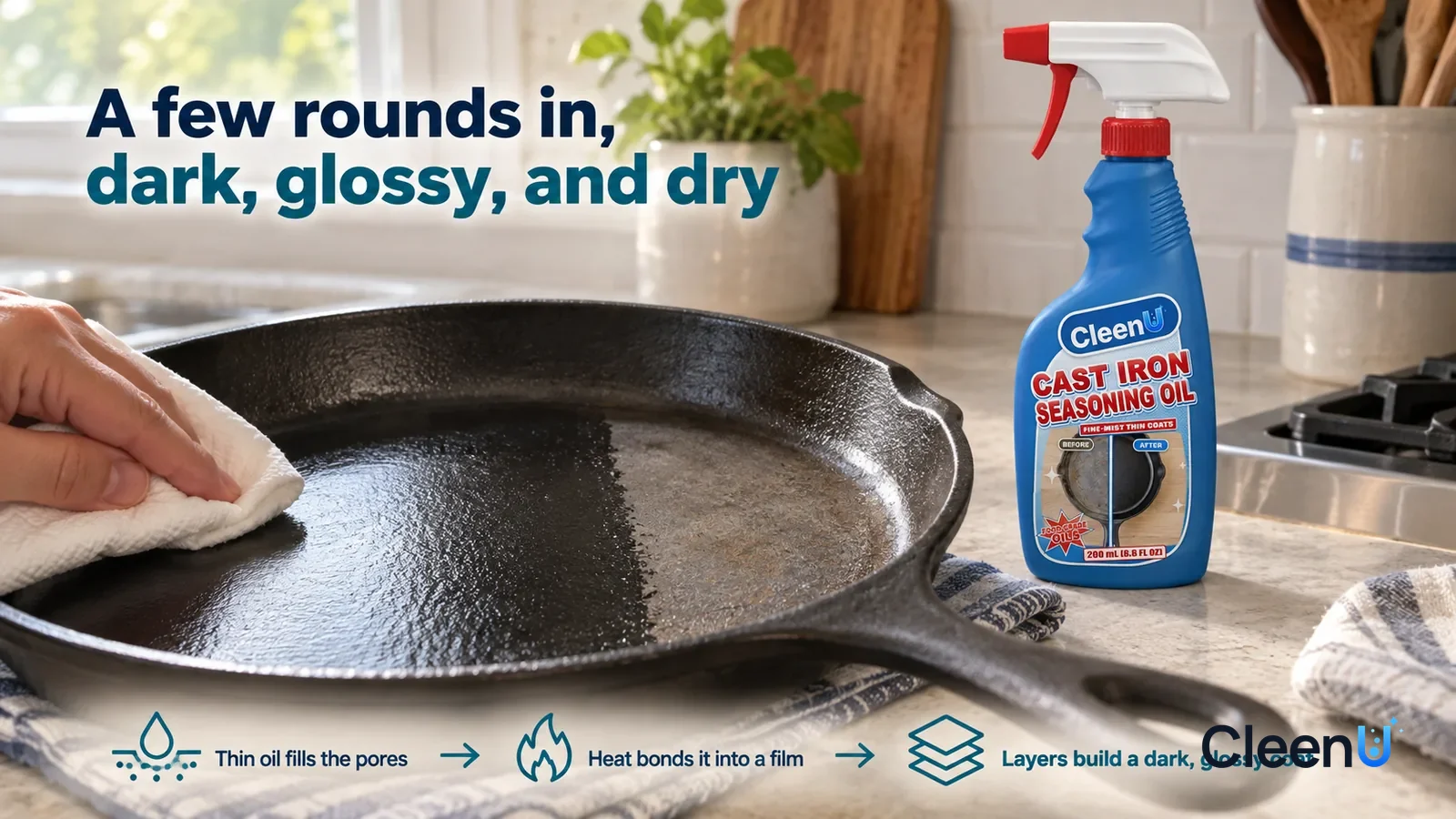 Illustration: CleenU Cast Iron Seasoning Oil — a paper towel has just wiped a thin coat of oil even in one stroke, the wiped area evenly dark, glossy, and dry