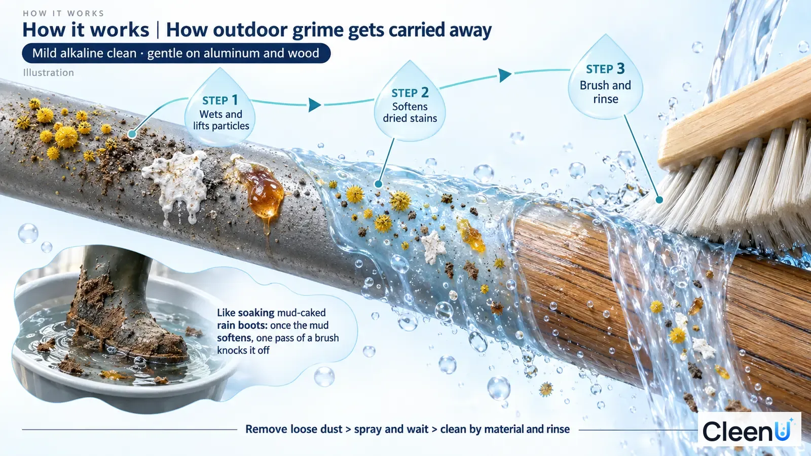 Illustration: Metal and wood surface cross-sections with soil particles, water and brush bristles.