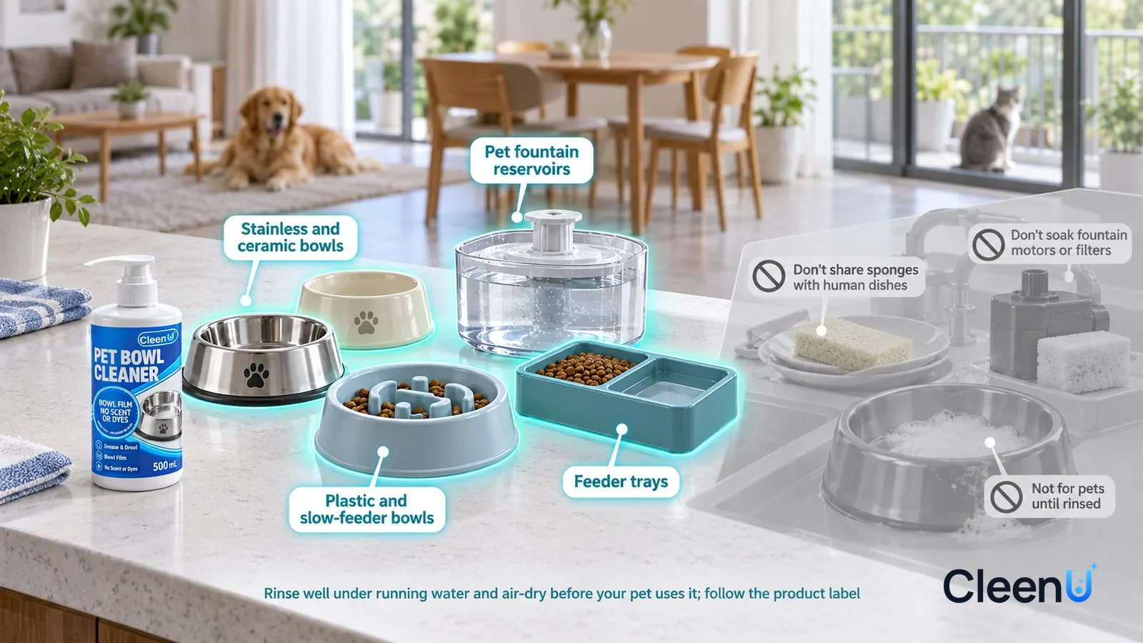 Illustration: CleenU Pet Bowl Cleaner — A realistic 3D cutaway of a bright home's kitchen, dining room, and balcony