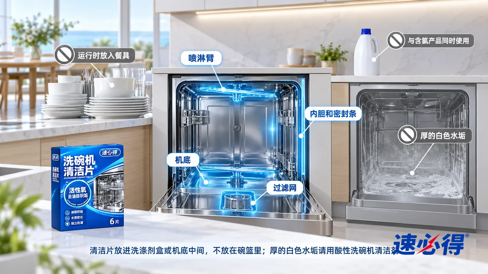 示意图：速必得洗碗机清洁片——一张写实 3D 剖面实景图，一套明亮的家的厨房、餐厅和茶水间区域，连续空间、一个视角，不出现包装：嵌入式洗碗机（无品牌标志）的过滤网、机底